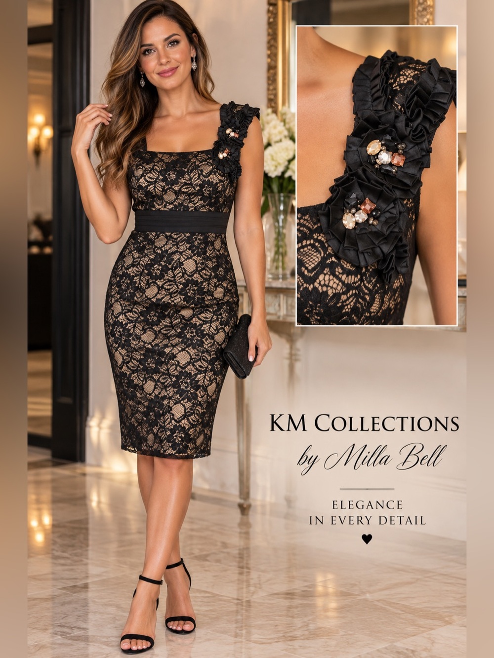 NWT Milla Bell Black Nude Lace Embellished Cocktail Dress Size 8